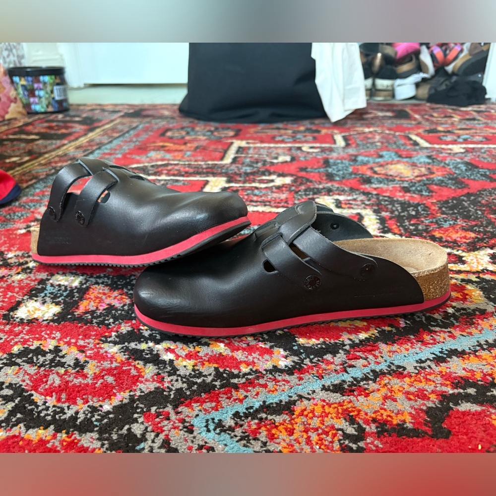 Birkenstock Boston Black Leather w/ Red Sole